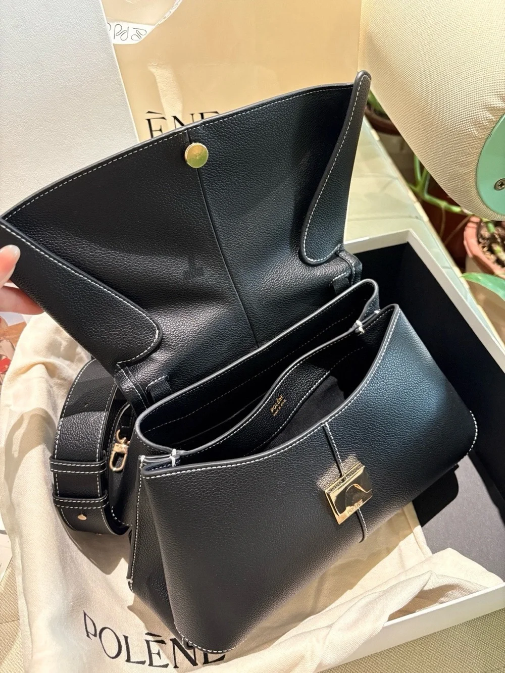 Polène Black Leather Satchel with Top Handle